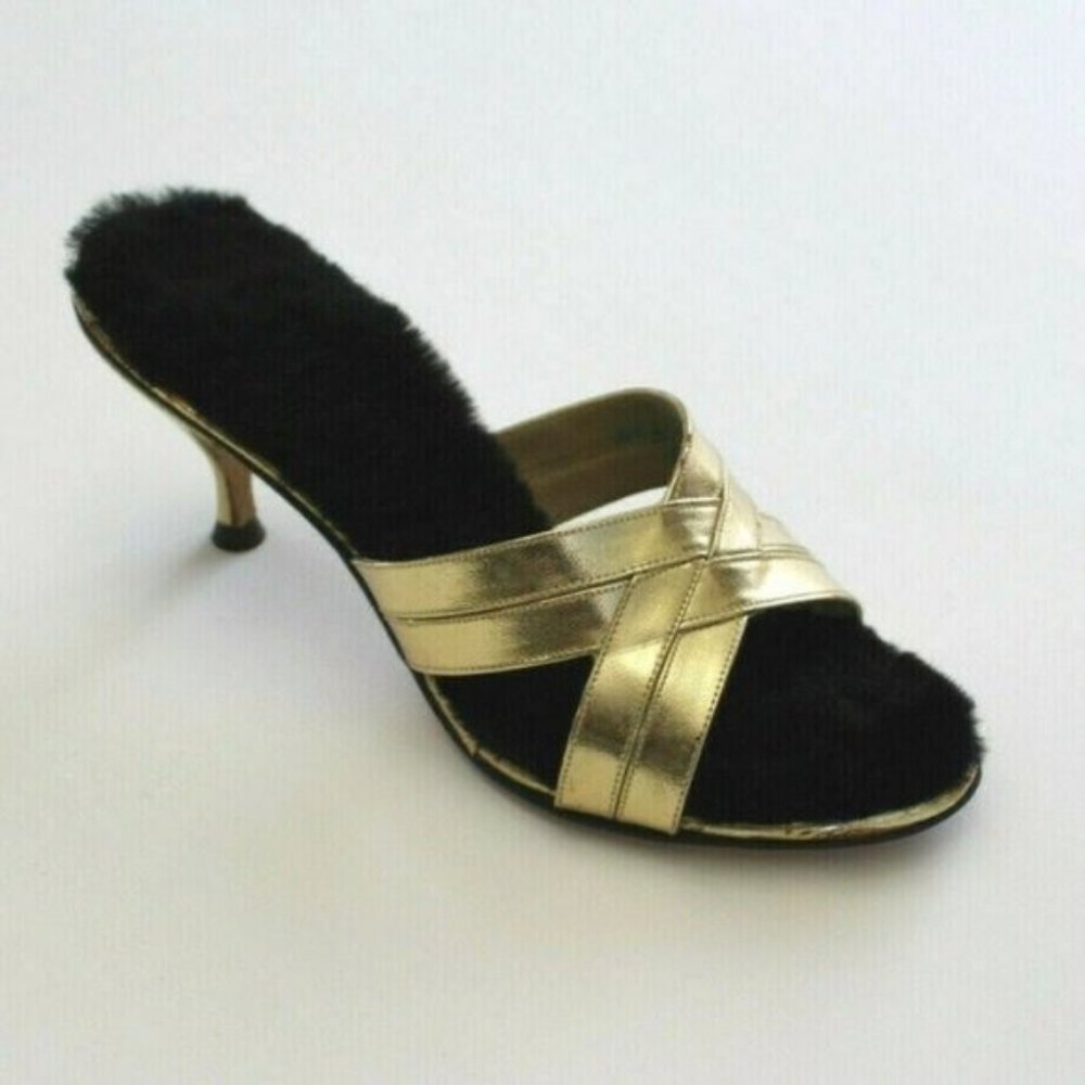 Vintage Gold Pinup Heels Black Faux Fur